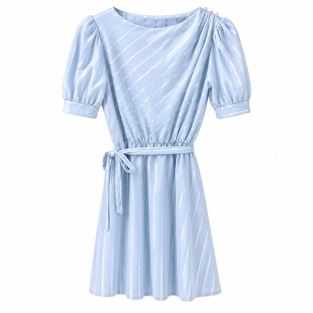 Vintage‎ Miss Oops California Blue Midi Dress Size 8 Puff Sleeve Belted USA Made